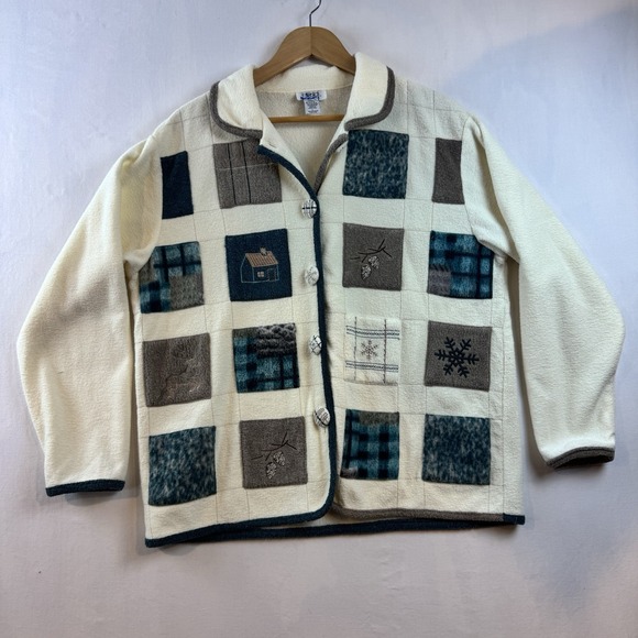 Vintage Patchwork Fleece Jacket Cabin Snowflake Winter Cottagecore L - Picture 2 of 10